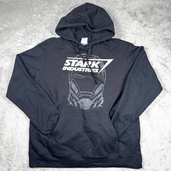 Marvel Stark Industries Mens L Black Hoodie Iron Man Graphic Pullover Sweatshirt - Picture 2 of 9